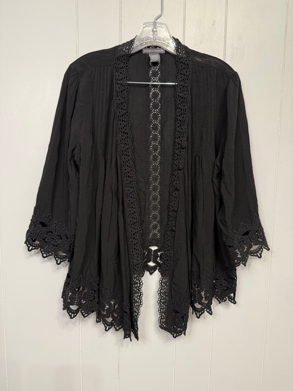 #7)  Chelsea & Theodore Black Crochet-Trim Open Cardigan Tunic